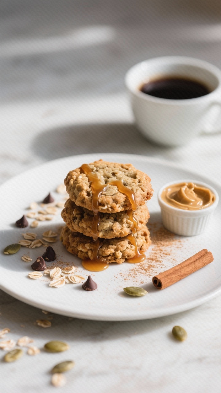 Final dish presentation: Beautifully plated stack of three oatmeal breakfast cookies on a matte whit