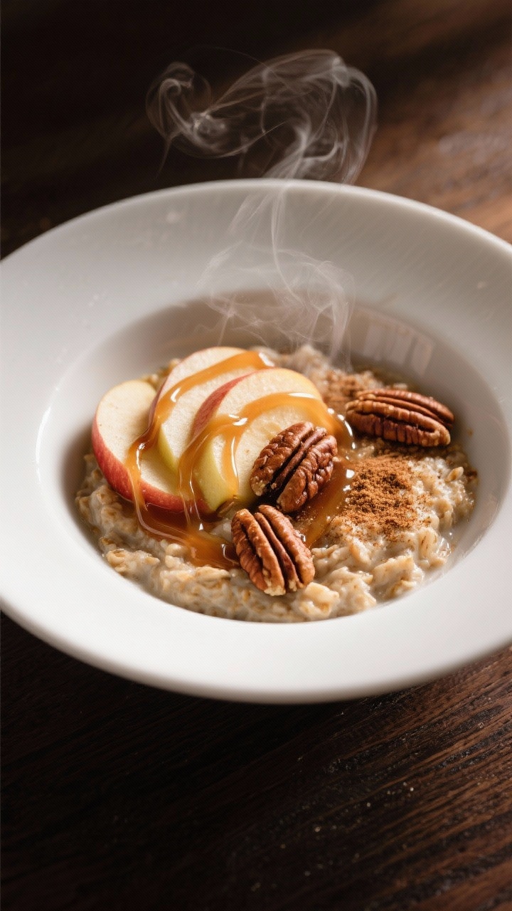 Final dish presentation: Restaurant-quality bowl of warmed apple cinnamon overnight oats with steam 