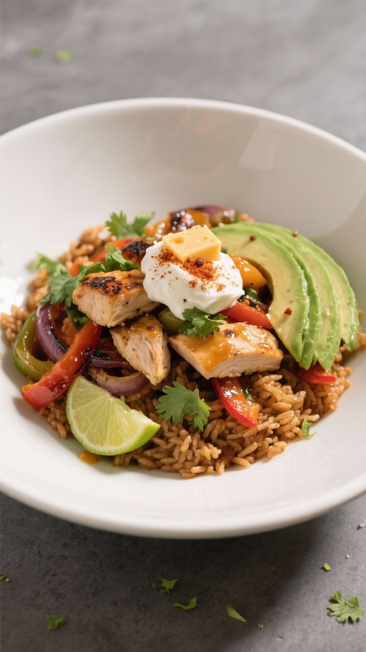 Final dish presentation: Restaurant-quality plated Chicken Fajita Bowl — warm cilantro-lime brown
