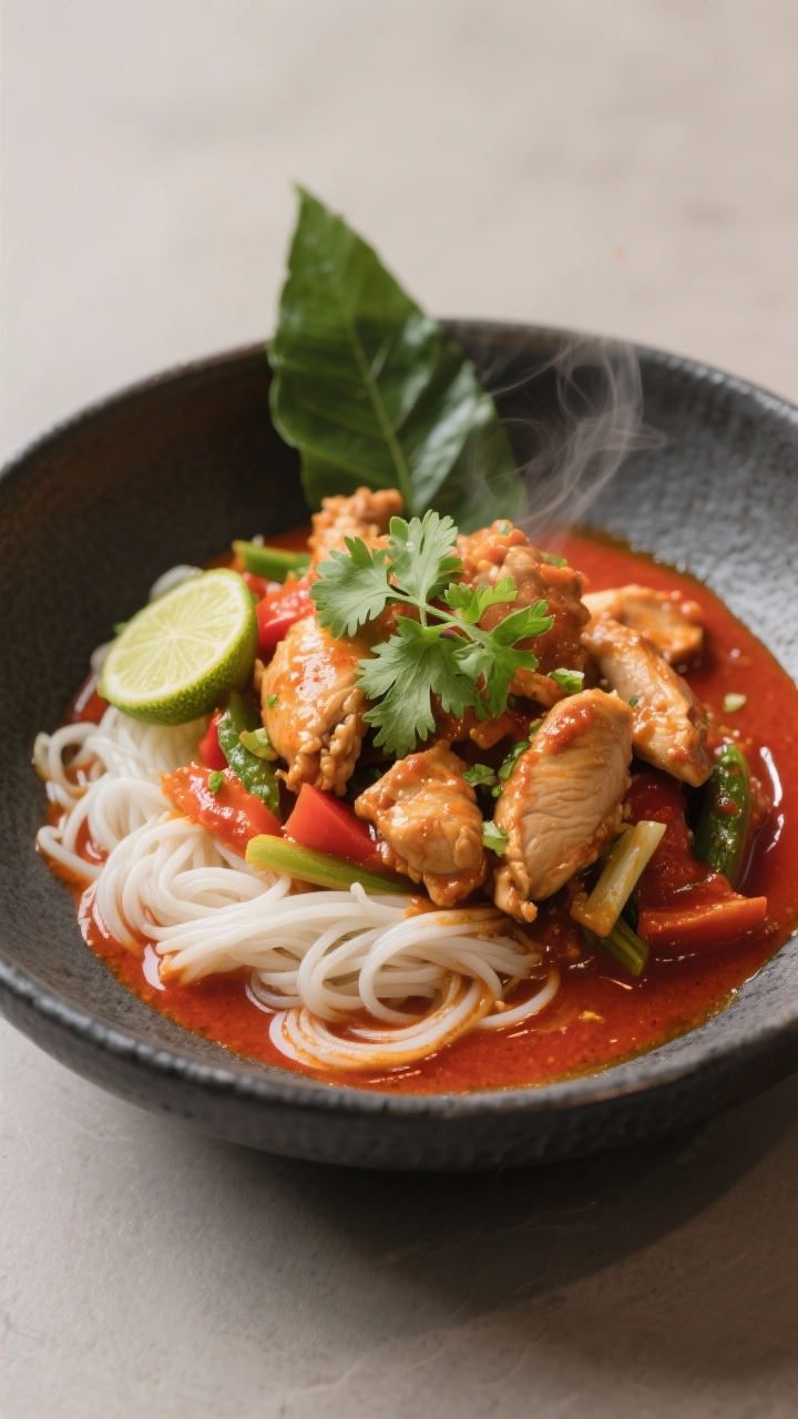 Final dish presentation: Restaurant-quality plated Thai red curry with chicken served alongside rice