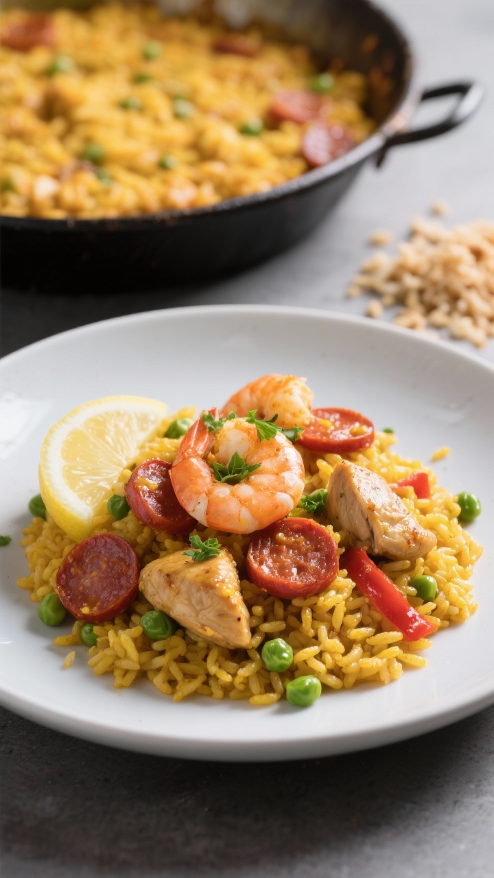 Final dish presentation: Restaurant-quality plated serving of the finished weeknight paella. A gener