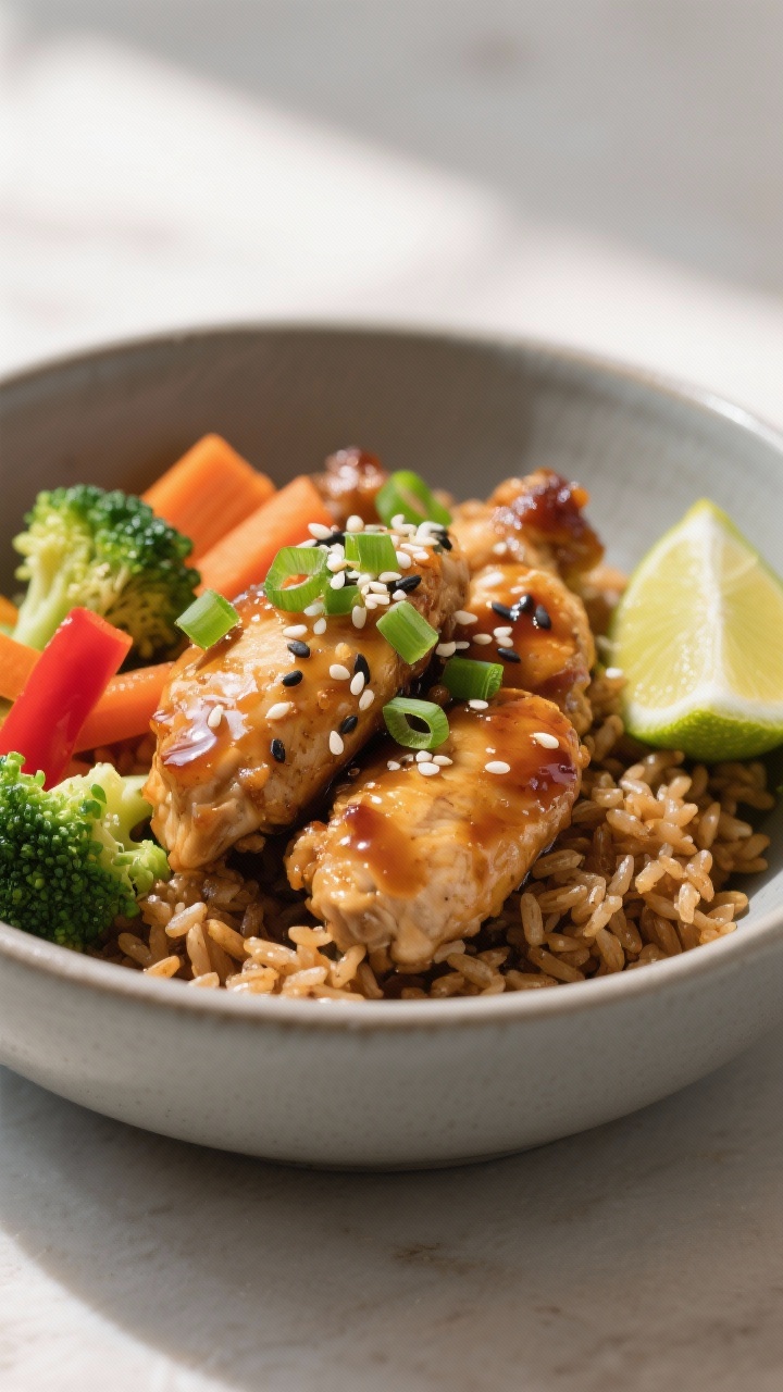 Final dish presentation: Restaurant-quality plated bowl of honey garlic chicken over warm brown rice