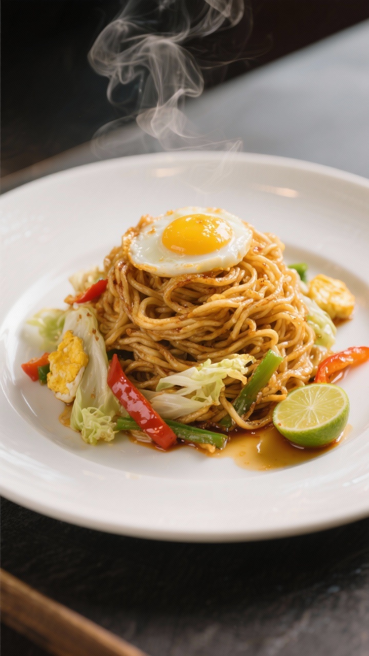 Final dish, restaurant-quality presentation: Beautifully plated egg fried noodles twirled into a tid