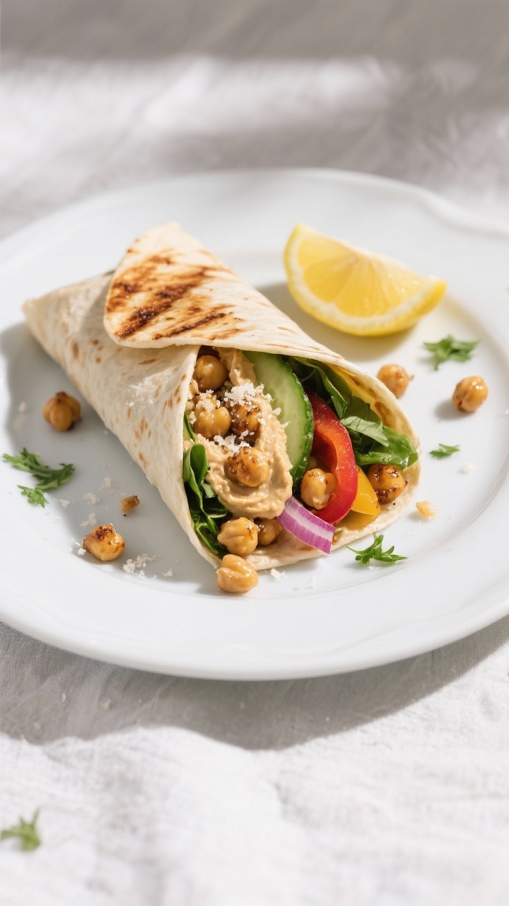 Final dish, tasty top view: Sear-finished Garlic Parmesan Roasted Chickpeas Wrap, sliced on the bias
