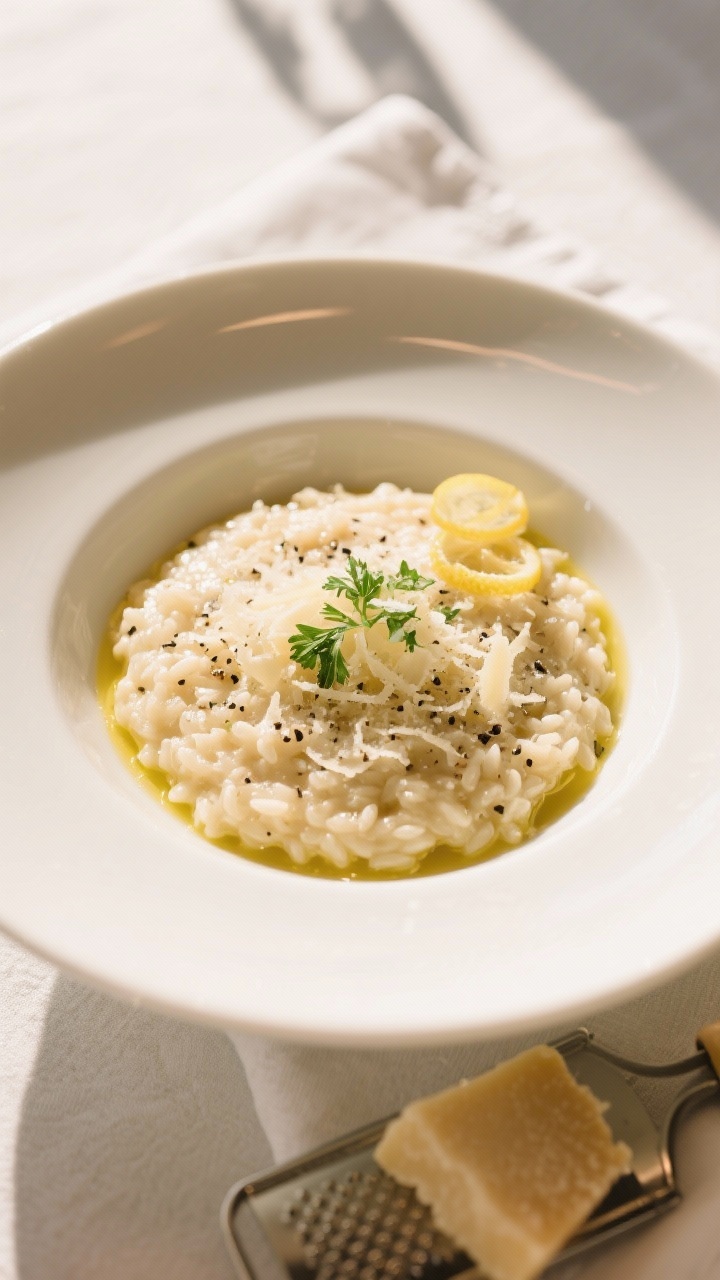 Final dish top view: Restaurant-worthy plated Parmesan risotto served in a wide, warm white bowl, ov