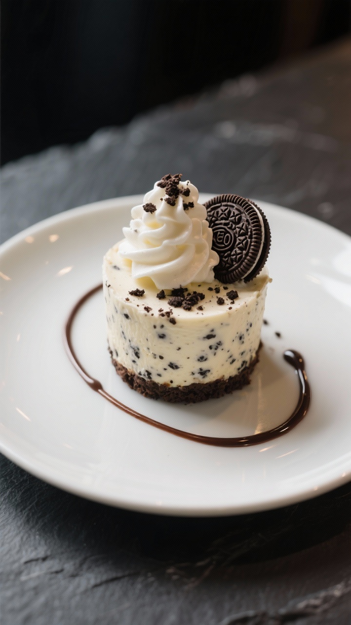 Final plated beauty shot: Single Oreo Cheesecake Cup unwrapped and centered on a small matte white d