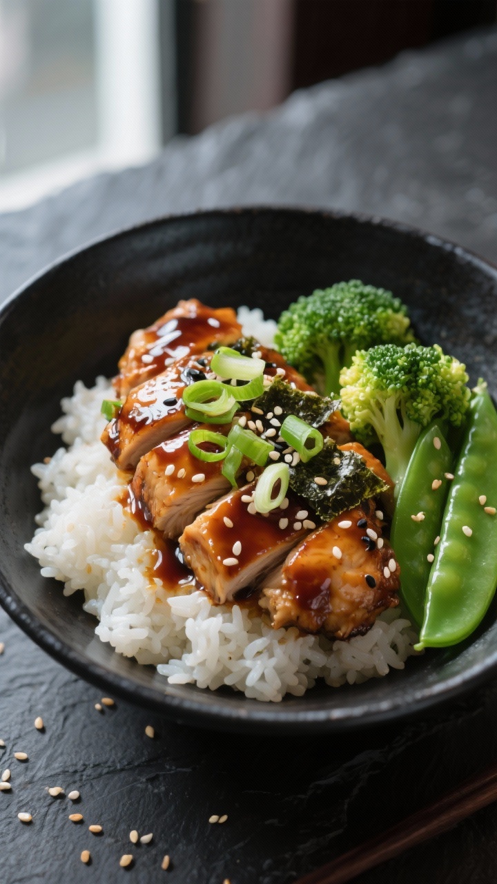 Final plated bowl, restaurant-quality: Japanese teriyaki chicken bowl arranged over fluffy short-gra