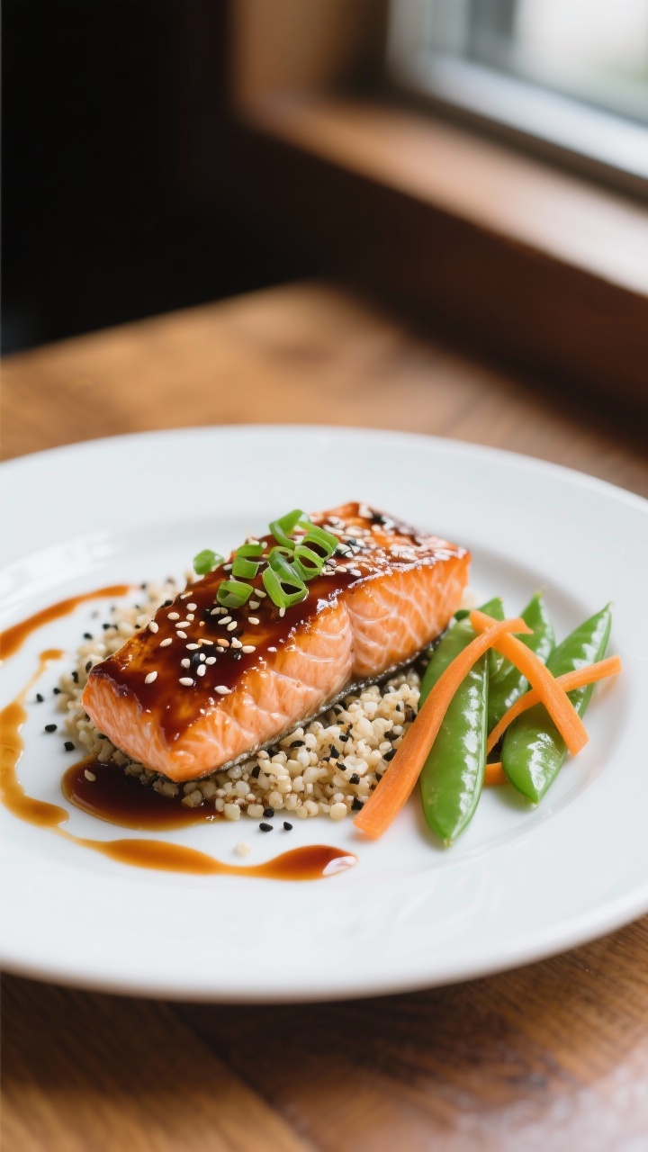 Final plated dish: Restaurant-quality presentation of teriyaki salmon served over quinoa with a side