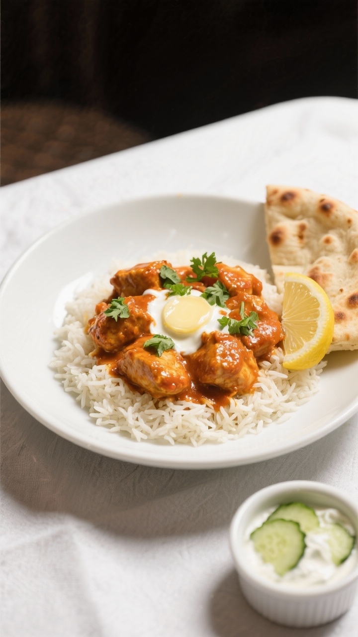 Final plated dish, restaurant-quality presentation: Indian Butter Chicken served in a shallow white 