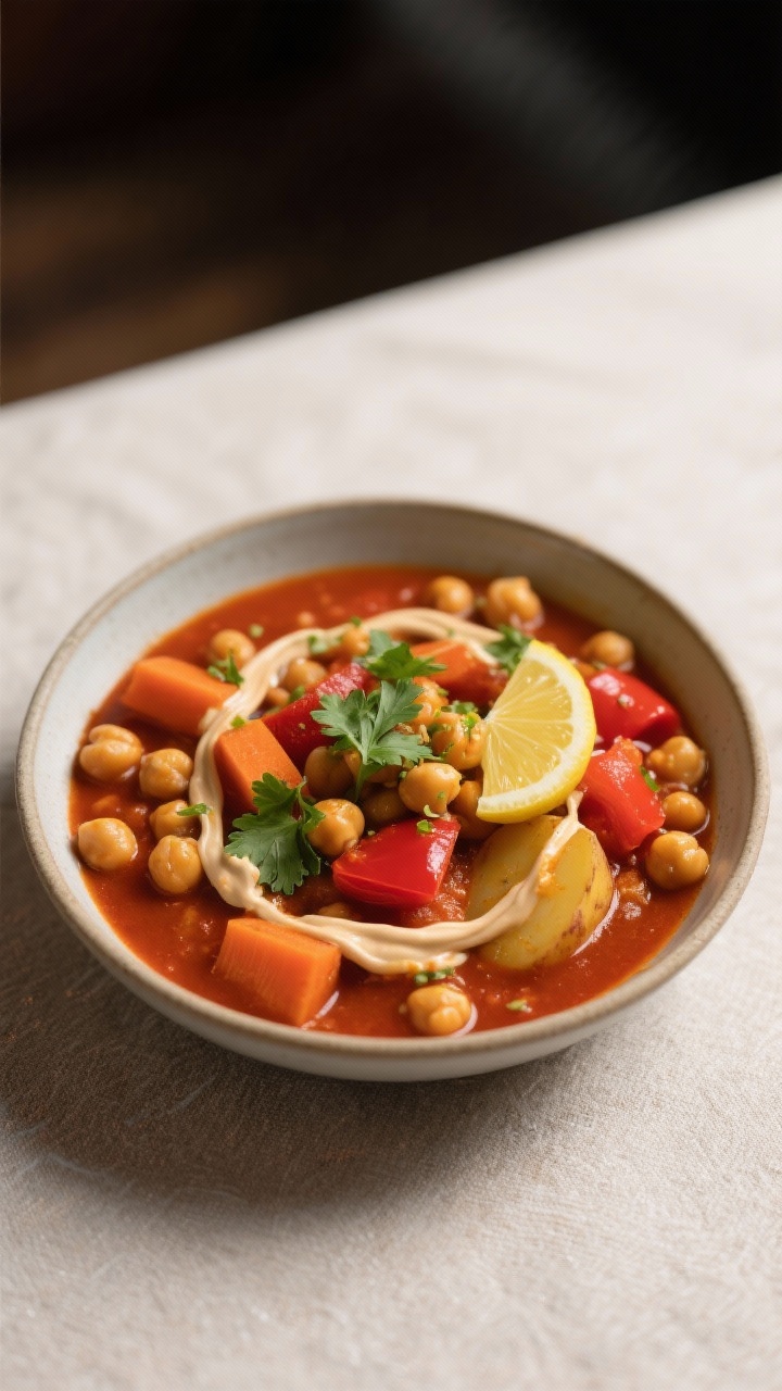 Final plated dish, restaurant-quality presentation: Elegant shallow ceramic bowl of Moroccan Chickpe