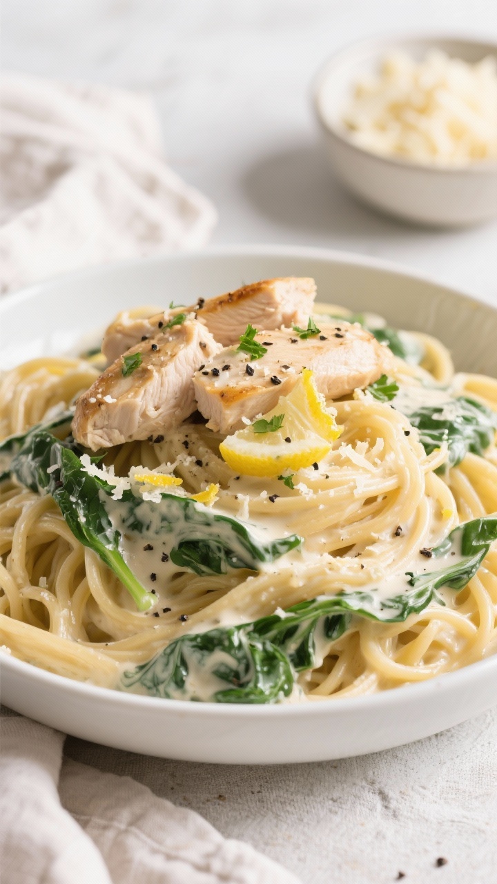 Final plated hero shot: One-Pot Creamy Garlic Chicken Pasta twirled high in a wide, shallow white bo