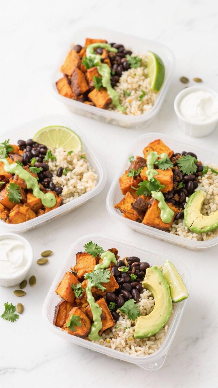 Final plated overhead: Meal prep bowls arranged top-down, four containers neatly portioned with fluf