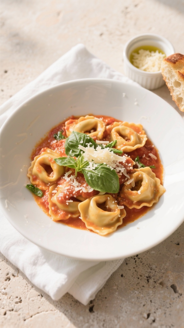 Final plated overhead: Overhead shot of a wide, shallow white bowl filled with Creamy Tomato Basil T