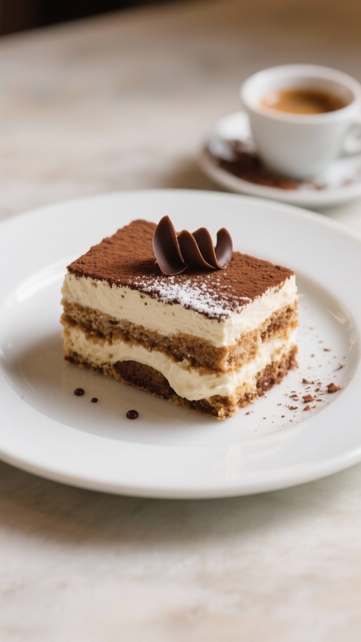 Final plated presentation: A single, clean slice of tiramisu on a white rimmed plate, two distinct l