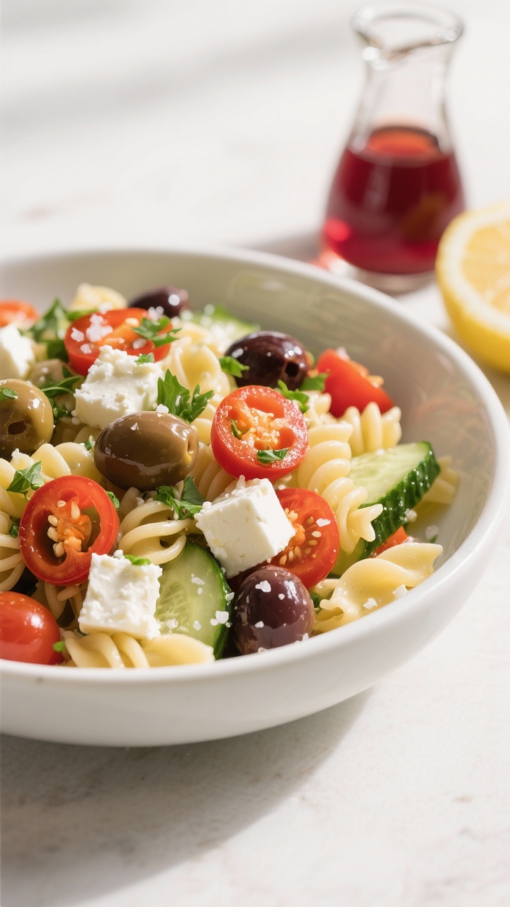 Final plated presentation: Beautifully plated pasta salad in a shallow white ceramic bowl, hero shot
