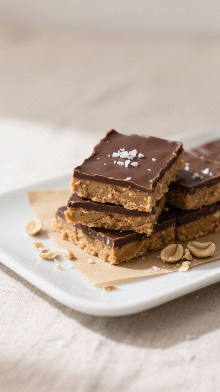 Final plated presentation: Neatly sliced no-bake chocolate peanut butter bars with sharp, clean edge