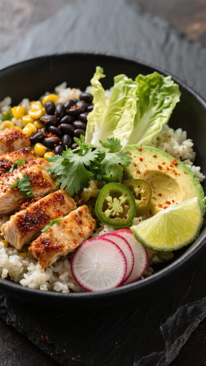 Final plated presentation: Restaurant-quality composed bowl using cauliflower rice base for a low-ca