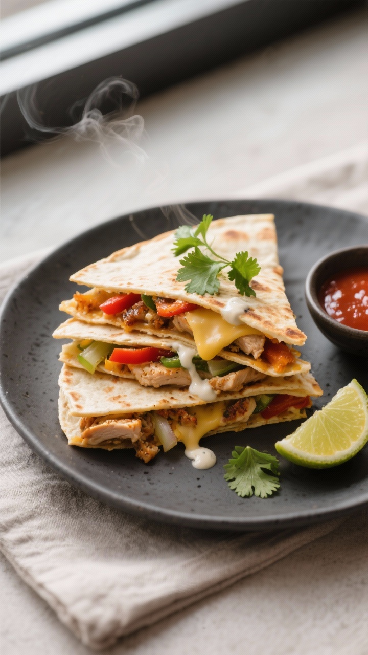 Final plated presentation: Restaurant-quality plate of Easy Chicken Quesadillas stacked slightly off