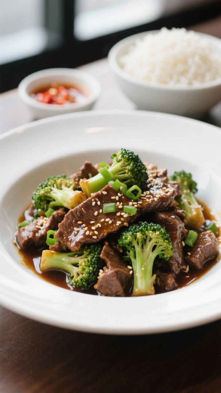 Final plated presentation: Restaurant-quality plate of Beef & Broccoli piled high on a wide white ri