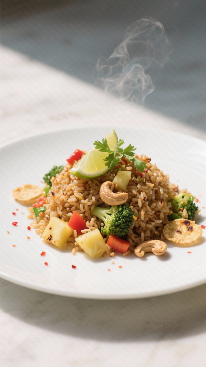 Final plated restaurant-quality presentation: Pineapple veggie fried rice variation mounded in a mod