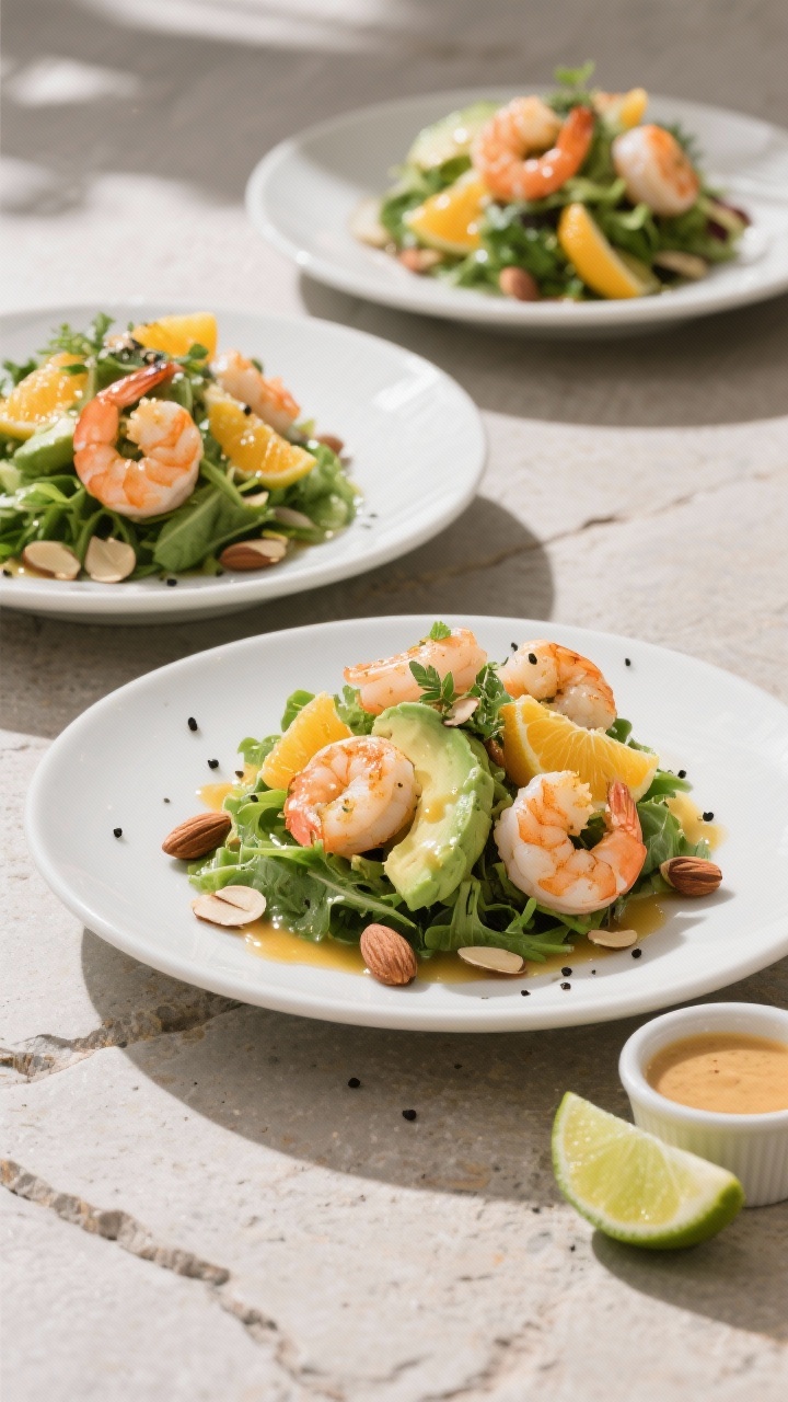 Final plated, restaurant-quality presentation: Three composed salad plates on a neutral stone surfac