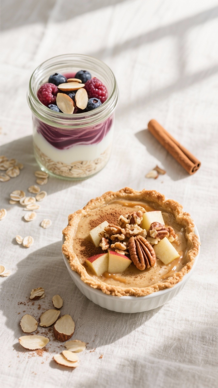 Final plated “tasty top view” of Berry Almond and Cinnamon Apple Pie variations side-by-side on 