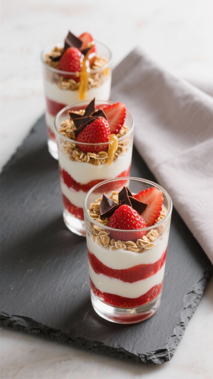 Final presentation shot: Restaurant-quality plated parfait trio—three elegant glasses filled to th