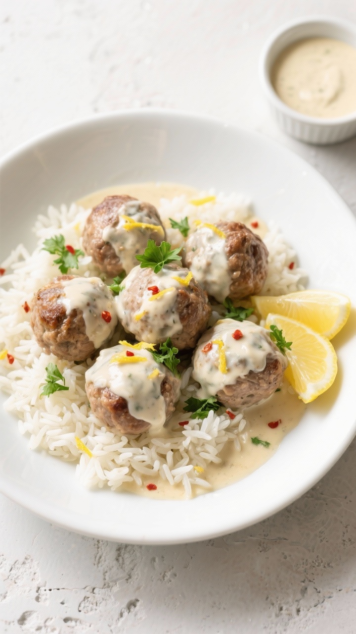 Overhead final dish: High-protein turkey meatballs with fluffy jasmine rice in a wide, shallow bowl,
