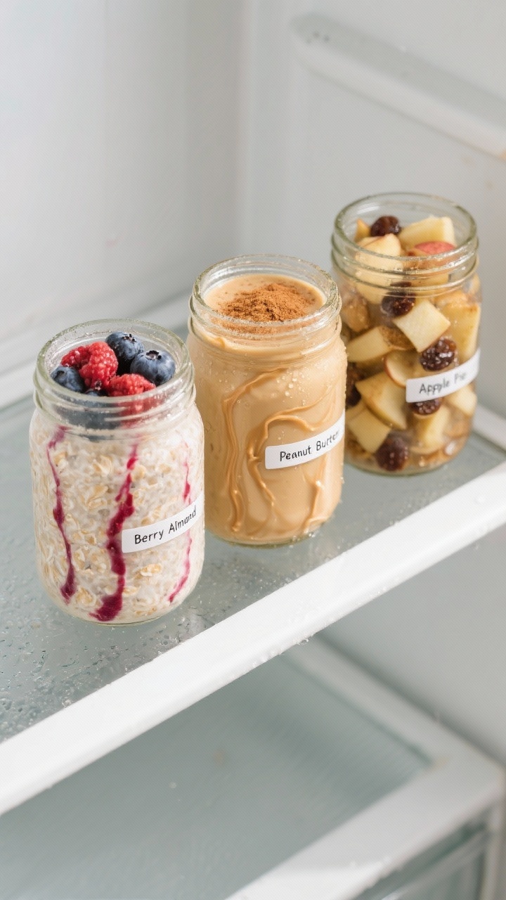 Overhead shot of three sealed glass jars of prepared overnight oats chilling in a clean fridge shelf