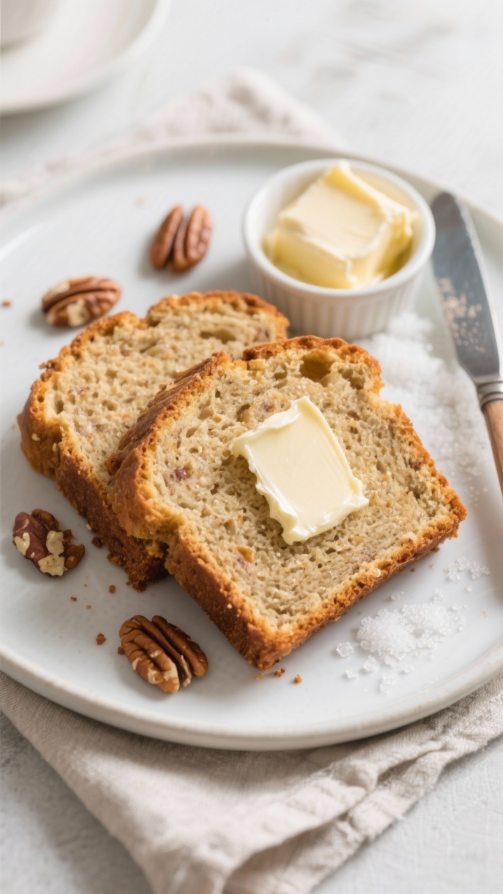Overhead โtasty topโ shot: Neat slices of classic banana bread arranged slightly overlapped on a