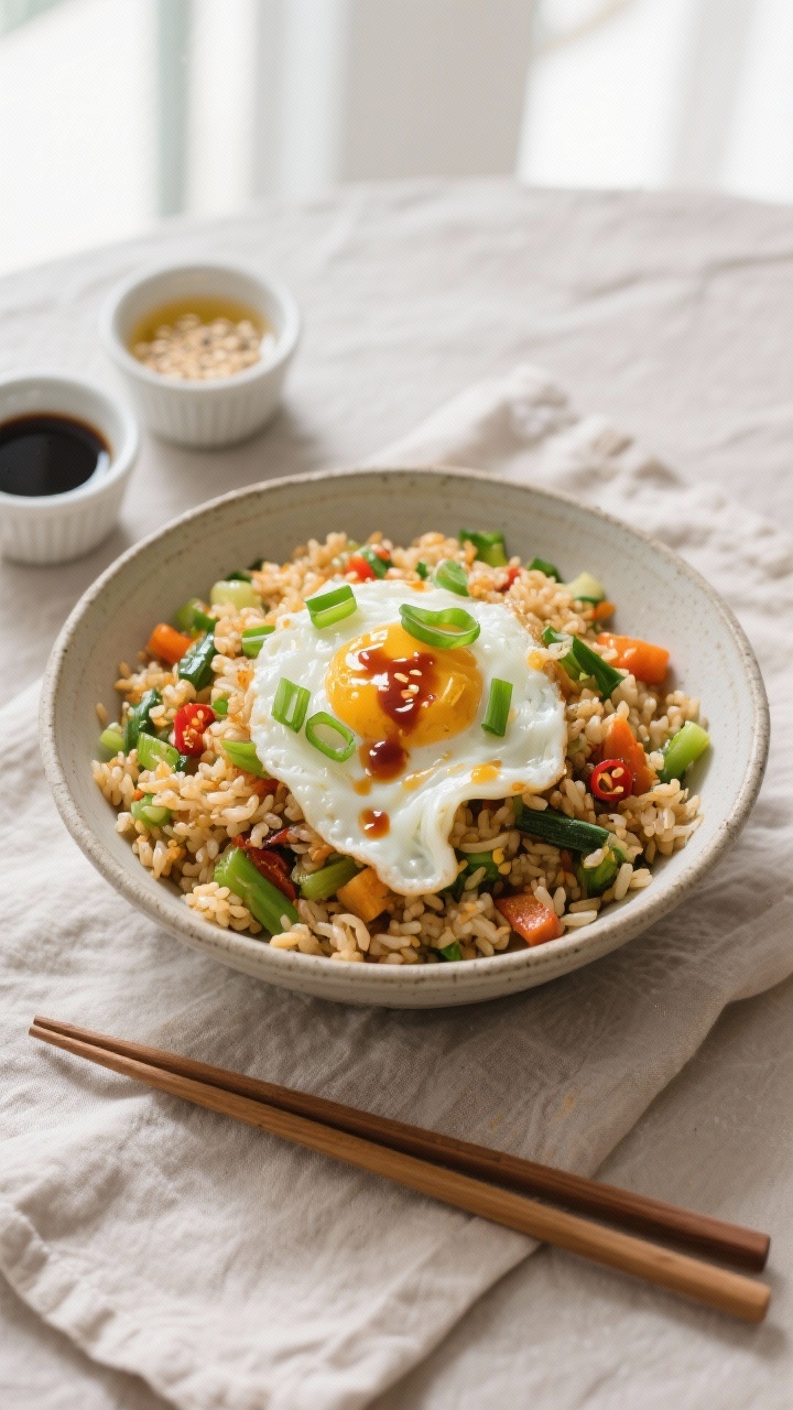 Overhead tasty top view: Final Quick Veggie Fried Rice served in a wide, shallow ceramic bowl, toppe
