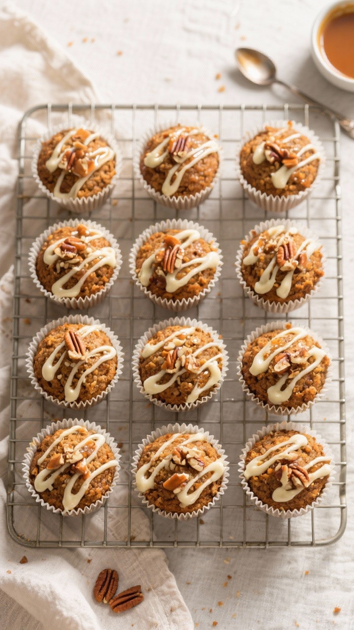 Overhead, tasty top-view of a cooling rack lined with 12 glazed carrot cake muffins, each with a del