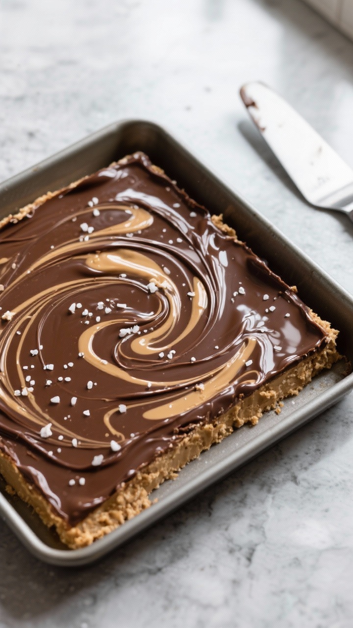 Overhead “tasty top view” of the freshly topped bars before chilling: An even, glossy layer of m