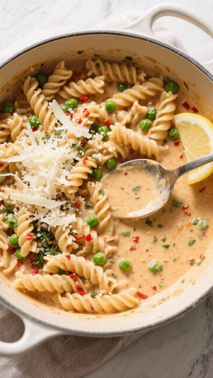 Overhead tasty top view: Top-down shot of the finished pasta still in the pot, sauce thick and cling
