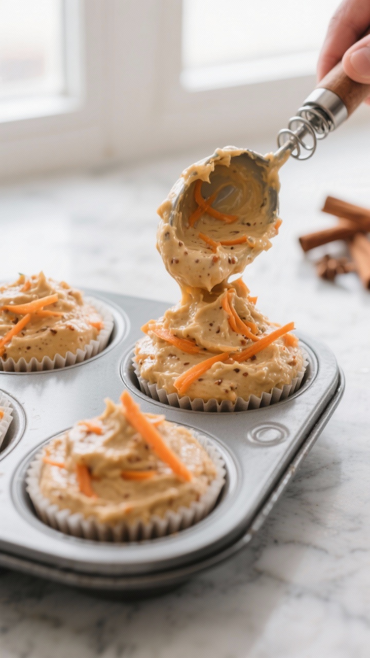 Process-in-action scene: batter being portioned into a lined muffin tin, thick carrot-studded batter
