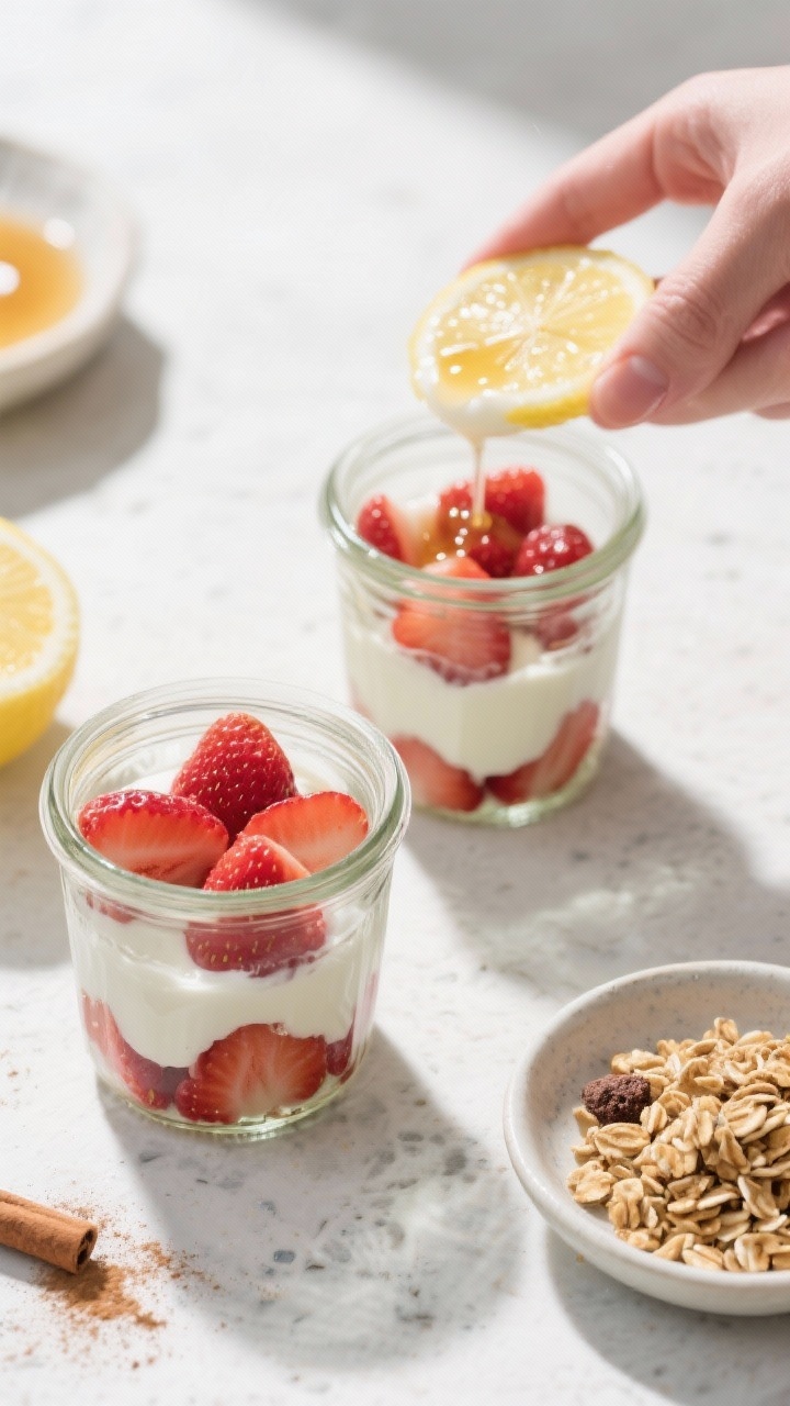 Process shot: Overhead view of parfait assembly in progress—two clear mason jars partially filled 