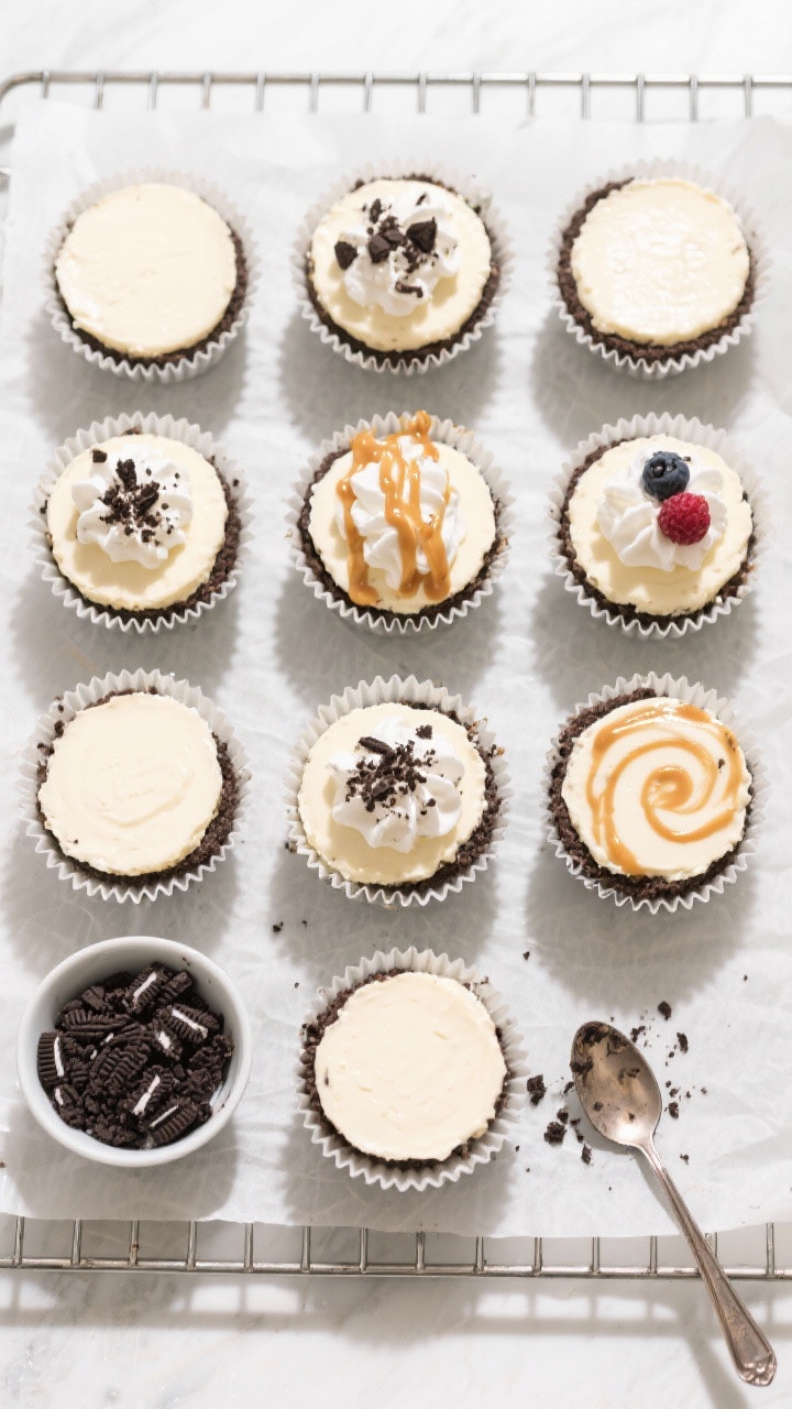 Tasty overhead spread: Top-down shot of a dozen chilled Oreo Cheesecake Cups arranged in a neat grid