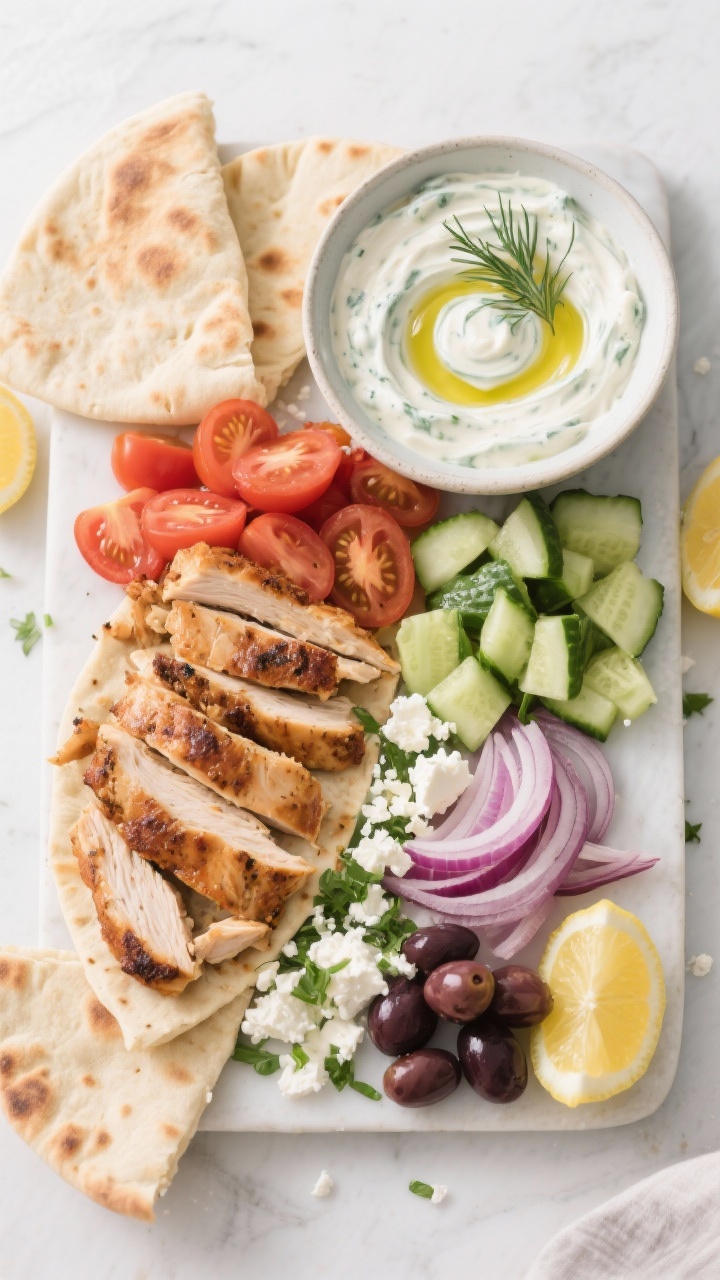 Tasty top view, assembly spread: Overhead shot of a build-your-own Greek chicken pita board featurin