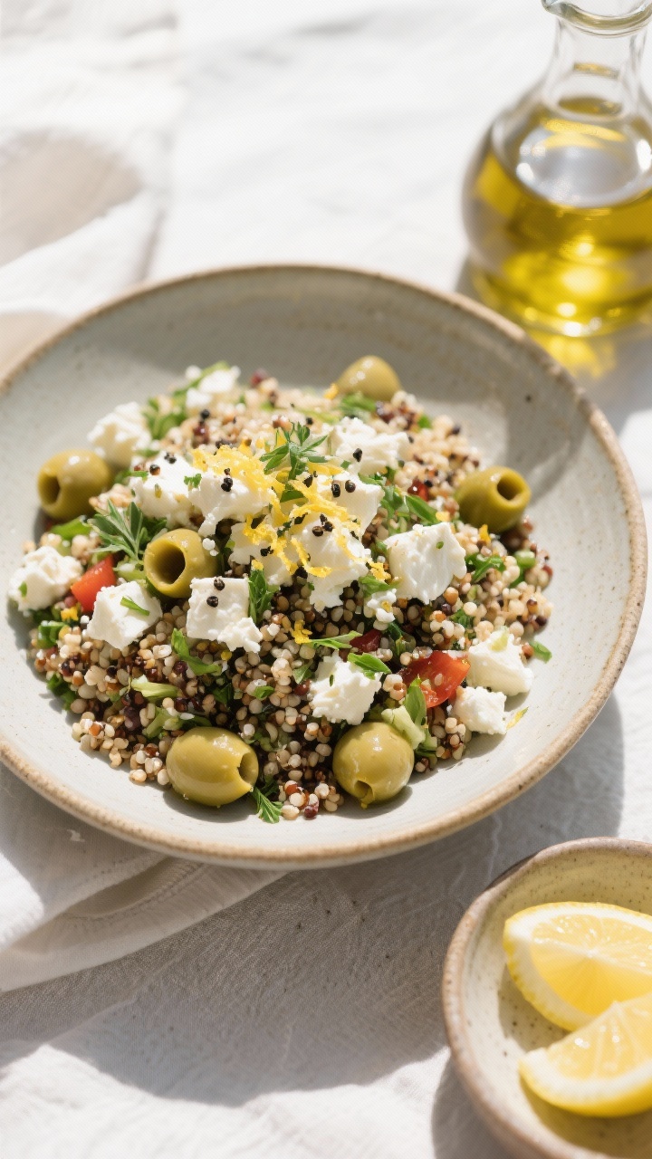 Tasty top view, final dish: Overhead shot of the finished Mediterranean Quinoa Salad plated in a wid