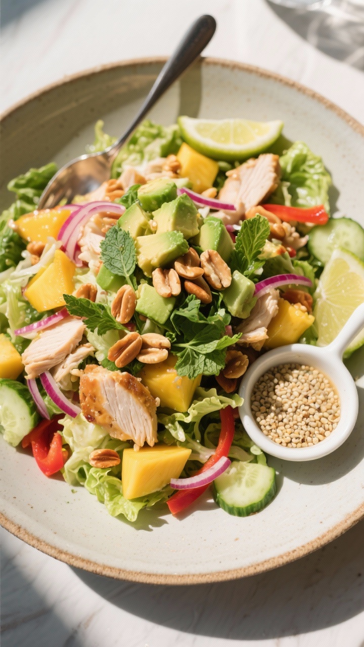 Tasty top view final dish: Overhead shot of the fully assembled Fresh Mango Chicken Salad plated res