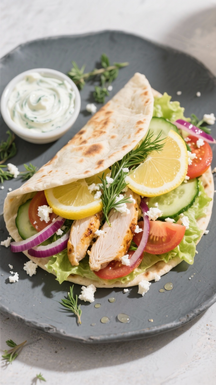 Tasty top view: fully assembled Greek Chicken Gyros on a slate-gray plate—pita folded and overstuf