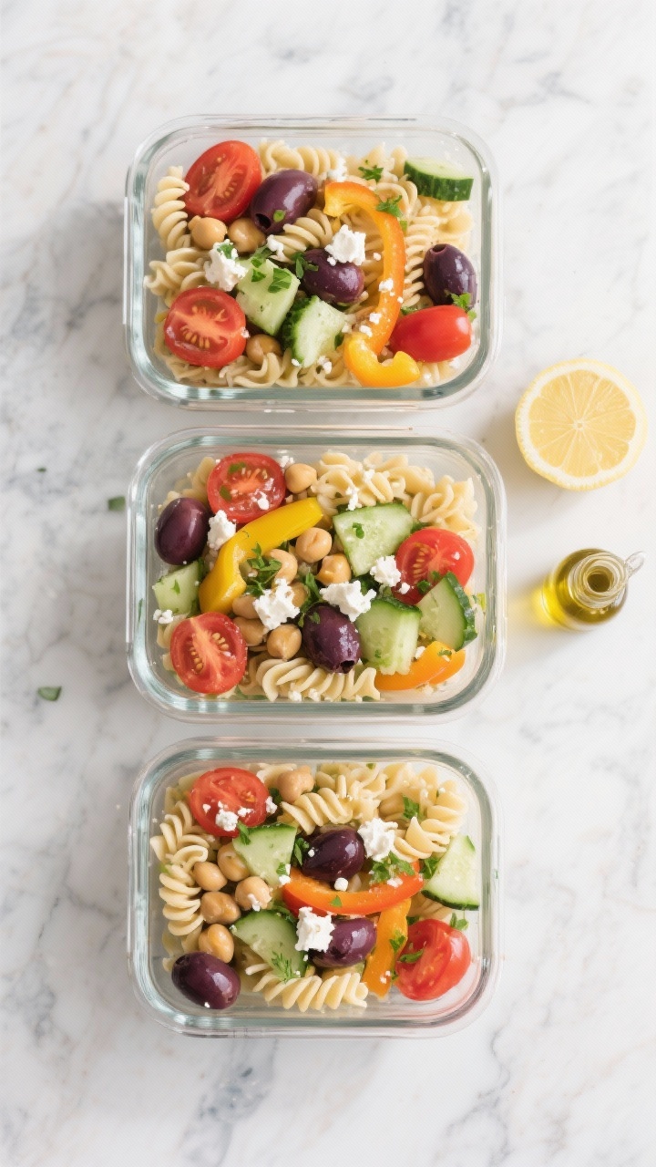 Tasty top-view meal prep: Overhead shot of three glass meal-prep containers neatly filled with the f