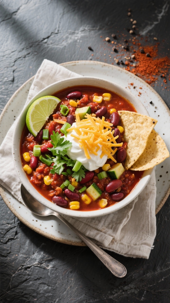 Tasty top view, overhead: Overhead shot of a just-served bowl of vegetarian chili, thick and chunky