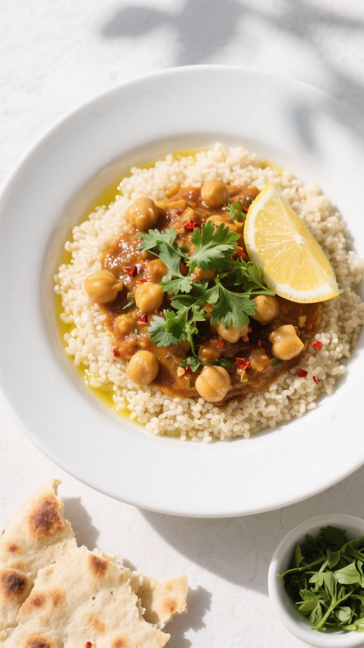 Tasty top view, overhead: Overhead shot of Moroccan Chickpea Stew ladled over fluffy couscous in a w
