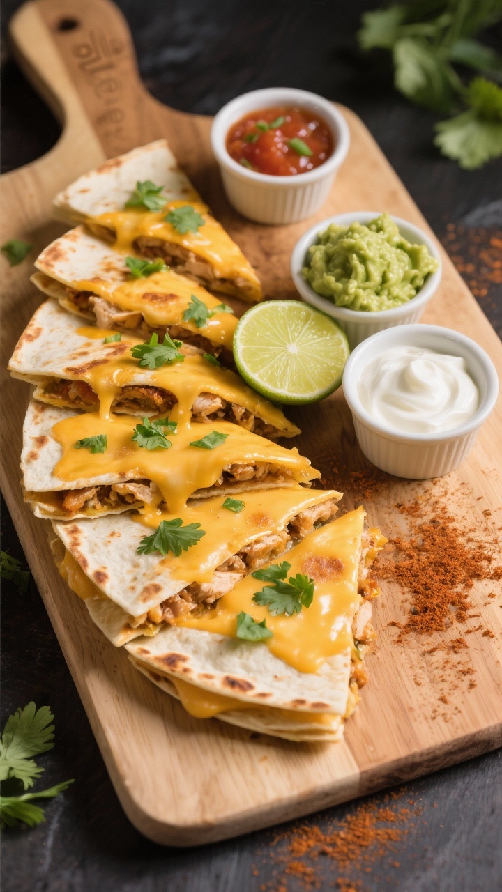 Tasty top view: Overhead shot of a cutting board scene with freshly sliced chicken quesadilla wedges