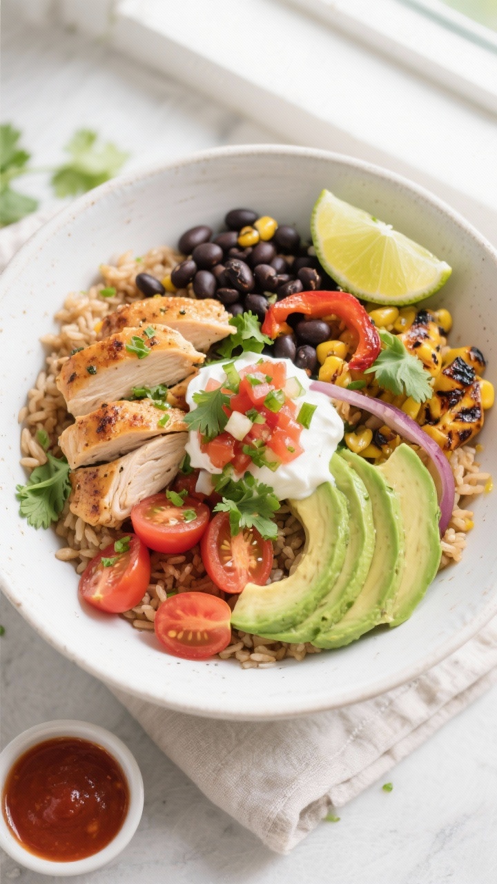 Tasty top view: Overhead shot of a Healthy Chicken Burrito Bowl assembled in a wide, matte-white bow