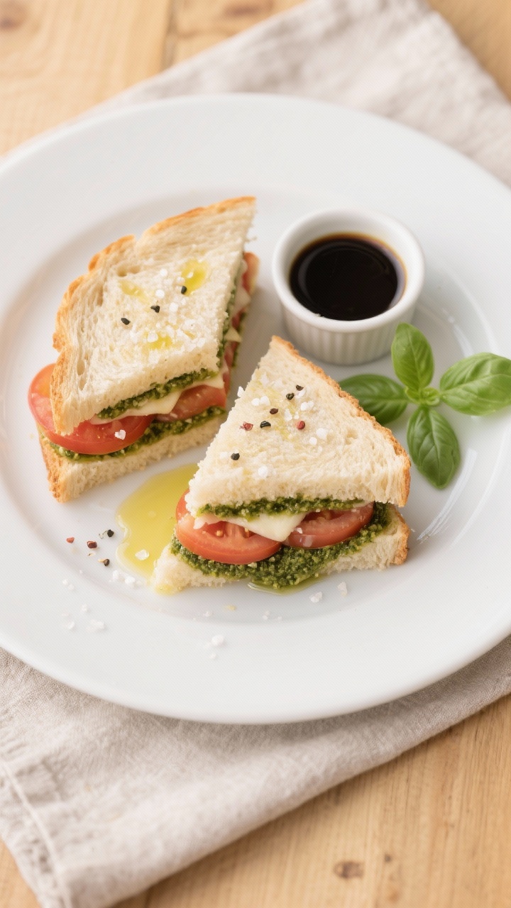 Tasty top view: Overhead shot of a sliced Caprese sandwich arranged on a simple white plate with a s