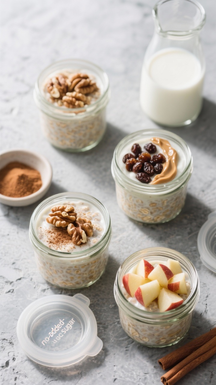 Tasty top view: Overhead shot of Apple Cinnamon Overnight Oats served in three meal-prep jars, lids 