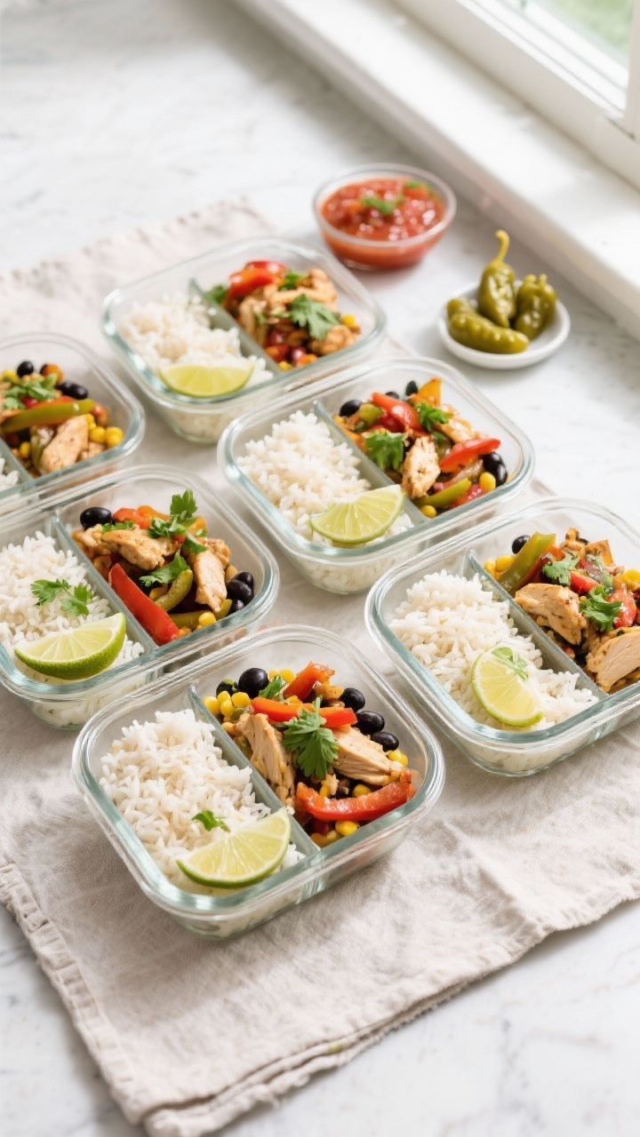 Tasty top view: Overhead shot of assembled Chicken Fajita Meal Prep Bowls — neat compartments of f