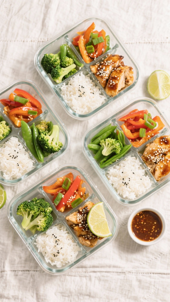 Tasty top view: Overhead shot of assembled Honey Garlic Chicken Meal Prep Bowls—neatly divided sec